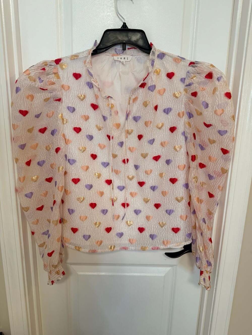 THML Heart Print Blouse Size XS Long Sleeve Multicolored Puffed